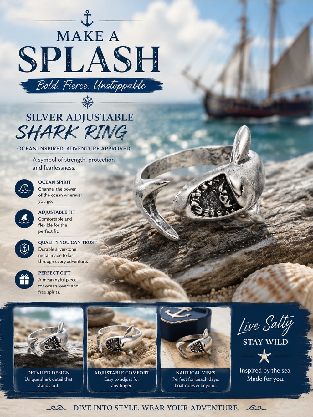 Silver Adjustable Shark Ring